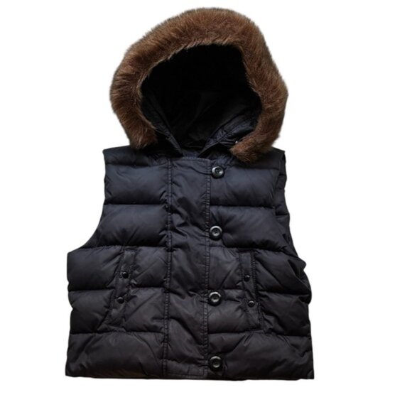 GAP Women’s Black Hooded Down Puffer Vest Faux Fur Trim Size Medium - Picture 1 of 12